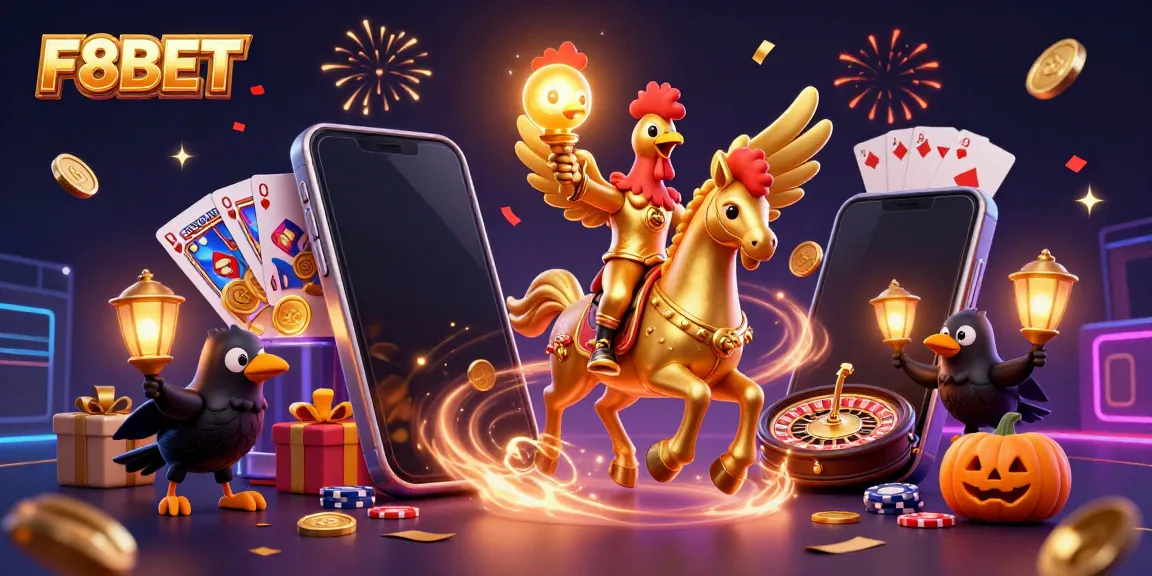 Experience the vibrant world of F8BET with a golden rooster in a dazzling casino scene.