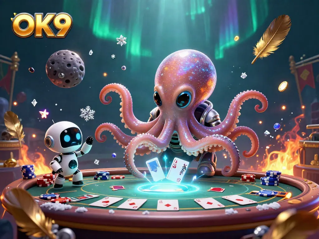 OK9 showcases a vibrant casino scene with a playful alien octopus at a holographic poker table.