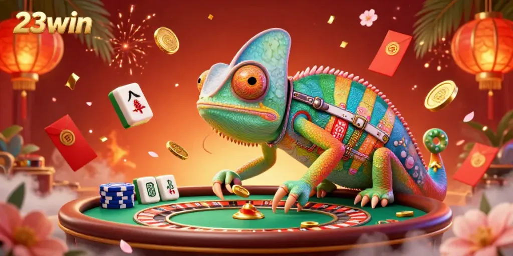 Experience the vibrant casino atmosphere of 23win, featuring a colorful chameleon owner and festive gaming elements.