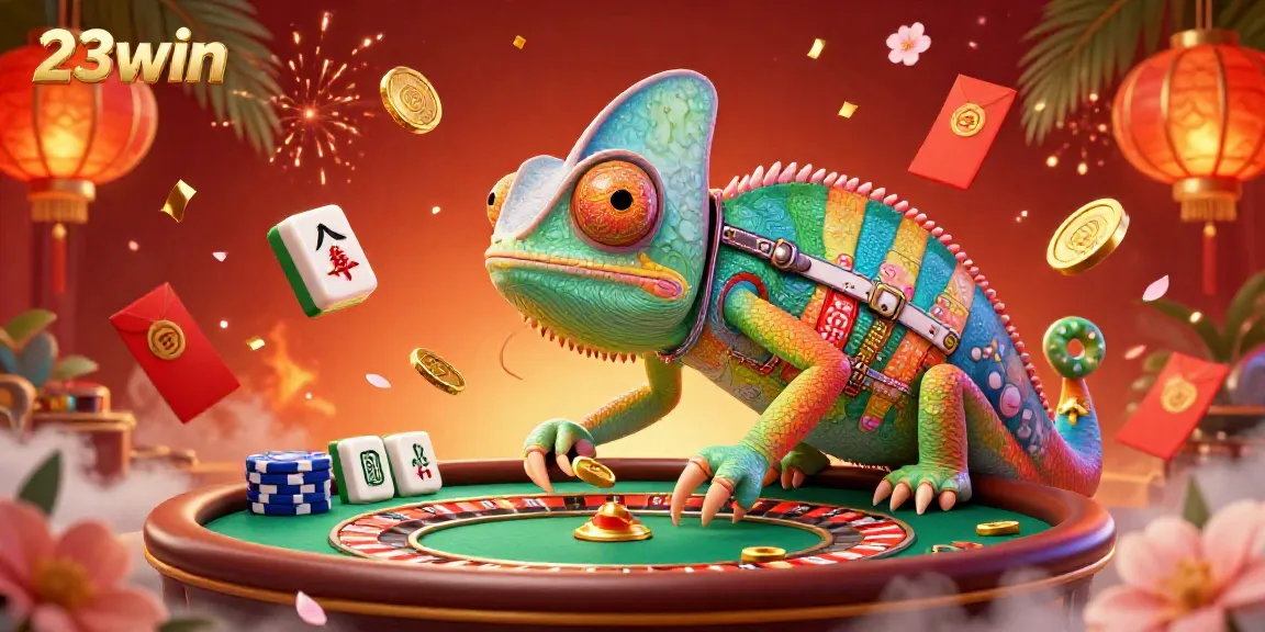 Experience the vibrant casino atmosphere of 23win, featuring a colorful chameleon owner and festive gaming elements.