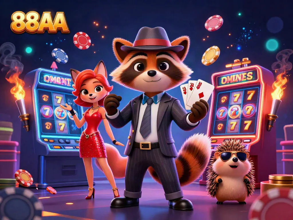 Experience the thrill of 88AA with a charming raccoon, fox, and hedgehog in a dynamic casino environment.