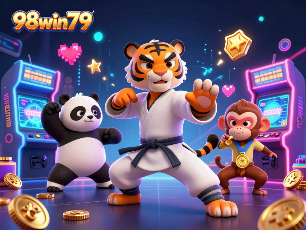 Experience high-energy gaming with 98win79 featuring a martial arts tiger and dynamic casino elements.