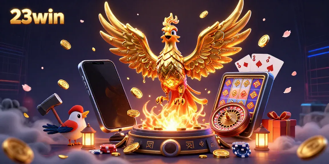Engage with 23win's vibrant online gaming scene featuring a golden phoenix and dynamic casino elements.