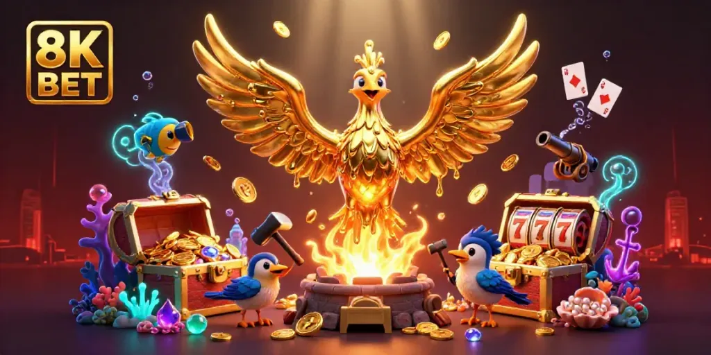 Experience the thrilling 8K BET gaming adventure with golden phoenix and slot elements in a vibrant scene.
