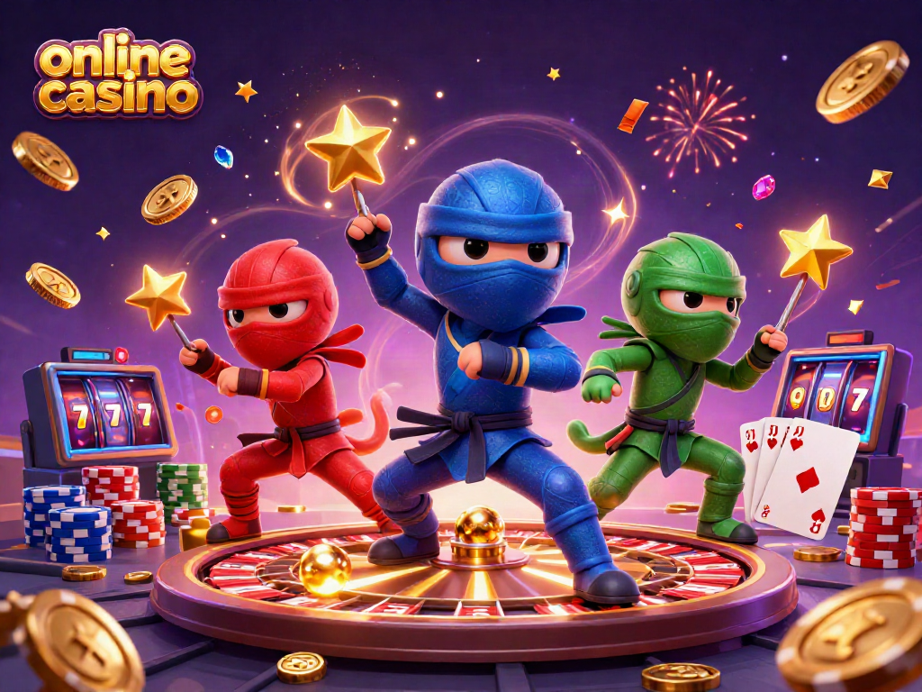 Join the excitement at an online casino with a vibrant scene featuring chameleon ninjas and thrilling game elements.