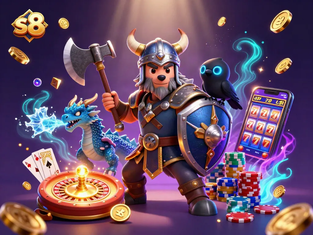 Experience thrilling casino action at s8 with a Viking warrior and dragon amidst golden coins.
