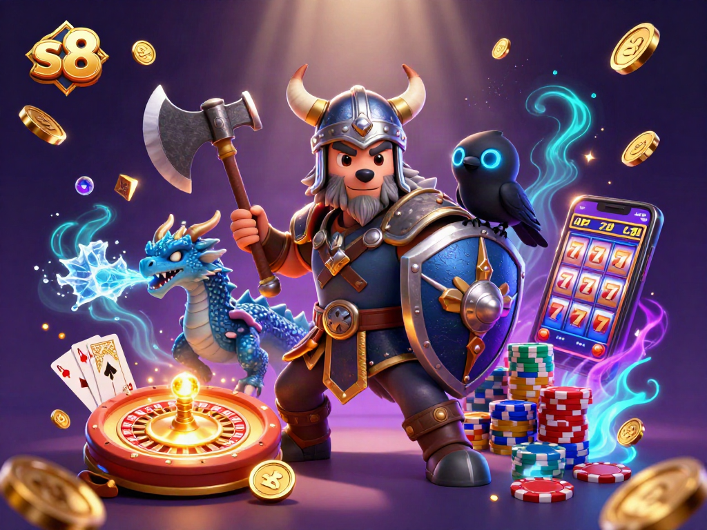 Experience thrilling casino action at s8 with a Viking warrior and dragon amidst golden coins.