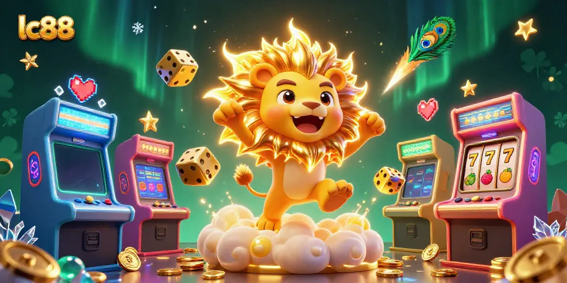 Experience winning action with lc88's vibrant 3D casino scene featuring a roaring sun lion and colorful slot machines.
