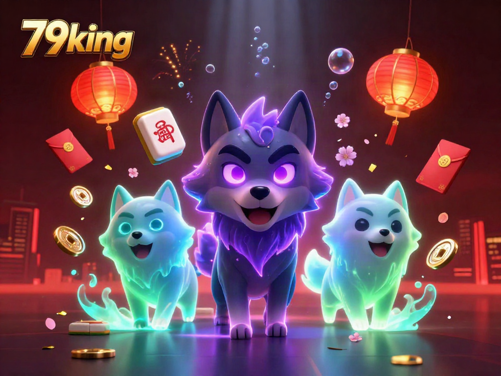 Engaging 3D scene with 79king's shadow wolf leader and ghostly companions among vibrant casino elements.