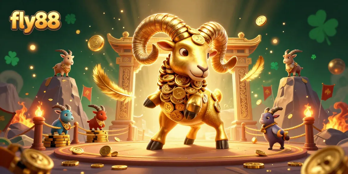 Experience the excitement of fly88 with a golden ram charging through a spectacular casino scene filled with treasures.