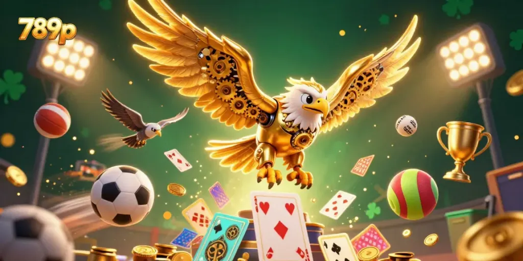 Experience thrilling gaming excitement with 789p, featuring a dynamic cybernetic eagle and vibrant sports elements.