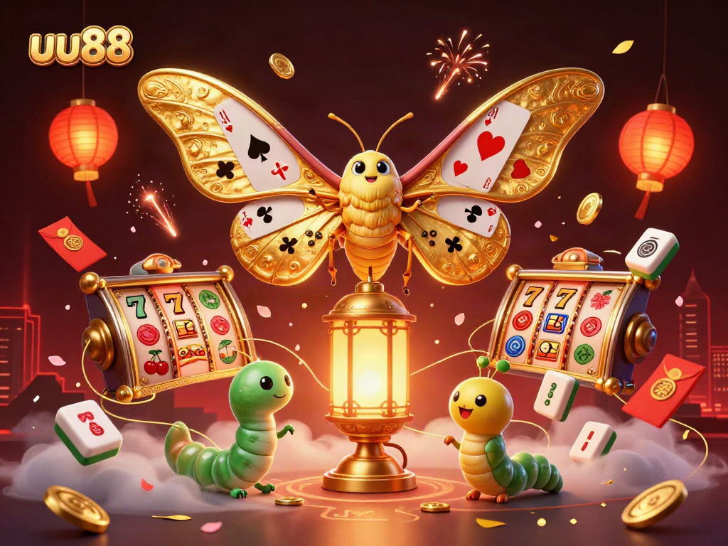 Spin lucky reels with the enchanting uu88 imagery of a golden moth amidst vibrant casino scenes.