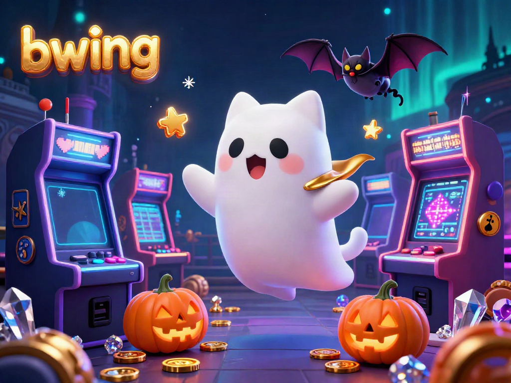 Activate gaming fun with bwing, featuring a ghost cat and bat in a haunted casino scene filled with colorful arcade machines.
