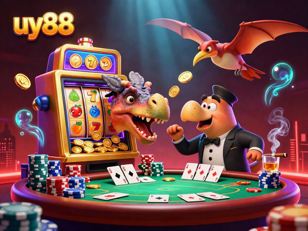 Experience thrilling jackpots at uy88 with animated dinosaurs and dynamic casino elements.
