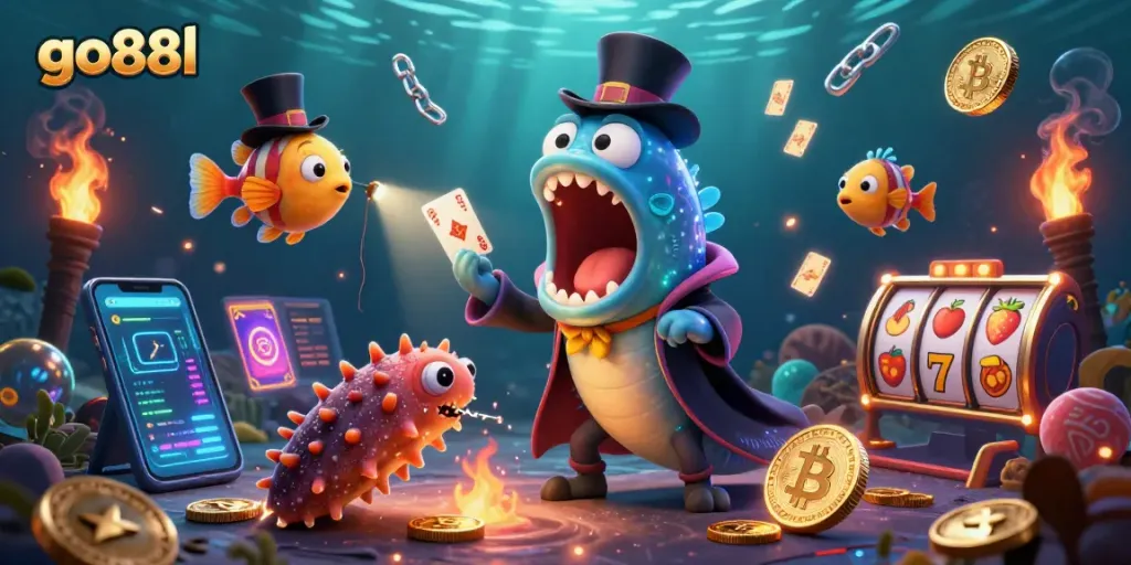 Experience thrilling gameplay with go88l in a festive underwater casino scene featuring vibrant characters and crypto elements.