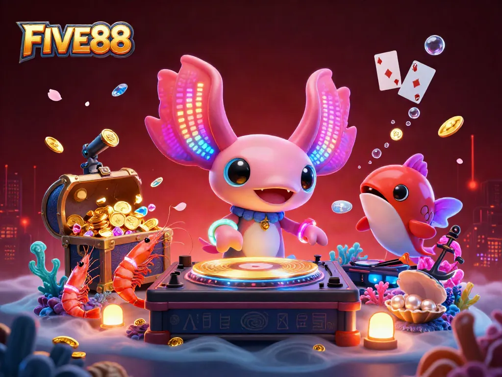 FIVE88 showcases dynamic gameplay with a neon axolotl DJ, vibrant underwater casino elements, and thrilling action.