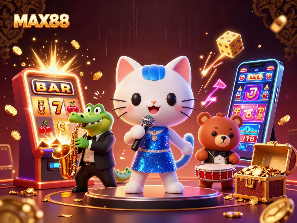Experience the thrill of MAX88 with vivid casino scenes and characters in a lively, animated setting.