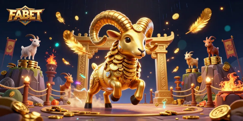 FABET offers an engaging casino experience displaying a golden ram charging towards victory amidst swirling gold elements.