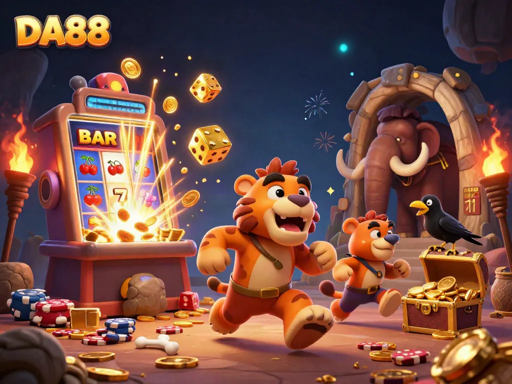 Experience the excitement of DA88's dynamic gaming scene with caveman and sabertooth at a vibrant casino.