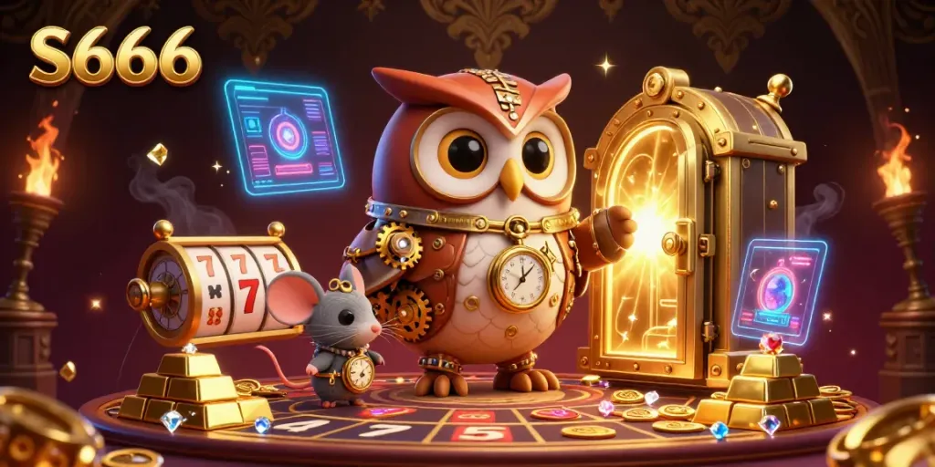 Experience the excitement of S666 with a vibrant casino scene featuring a time-traveling owl and gold treasures.