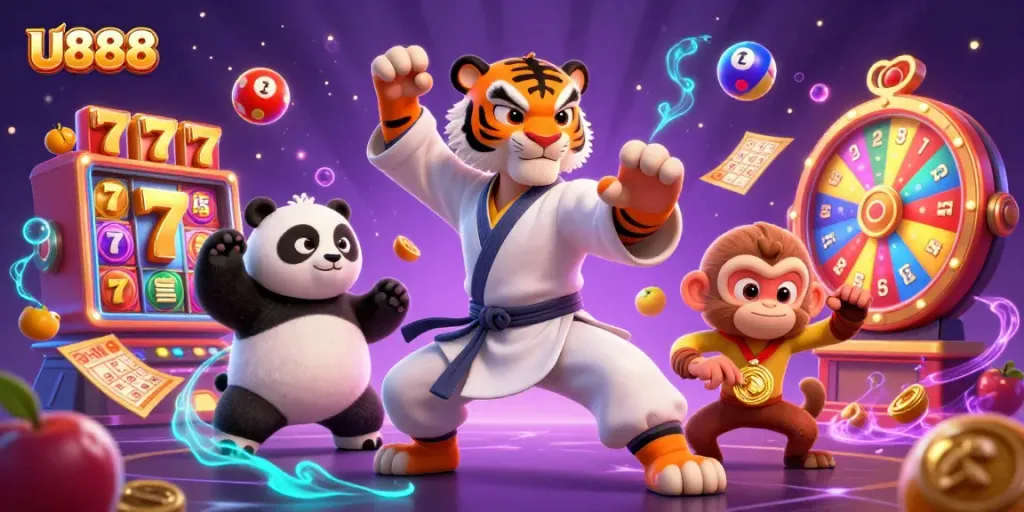 Engage in thrilling gameplay at U888 with vibrant slot machines and lively characters