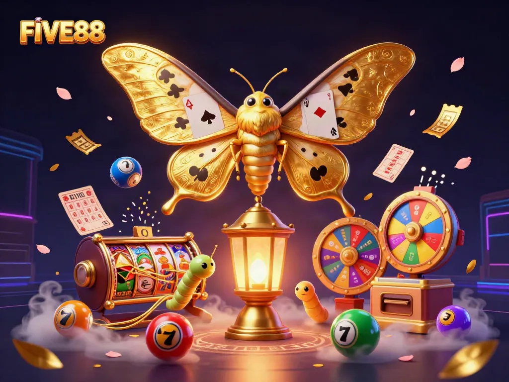 Join the fun with FIVE88 as a majestic atlas moth and vibrant casino elements enhance gaming excitement.