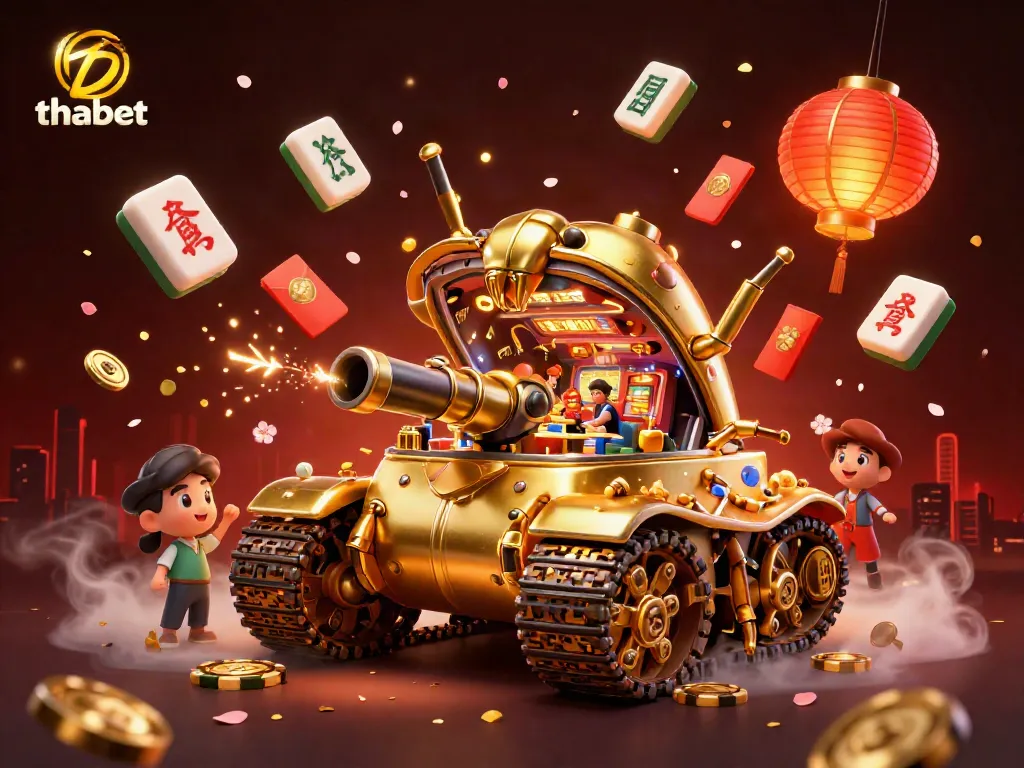 Experience thrilling gaming action at thabet with a golden beetle tank casino illustration, dynamic and immersive.