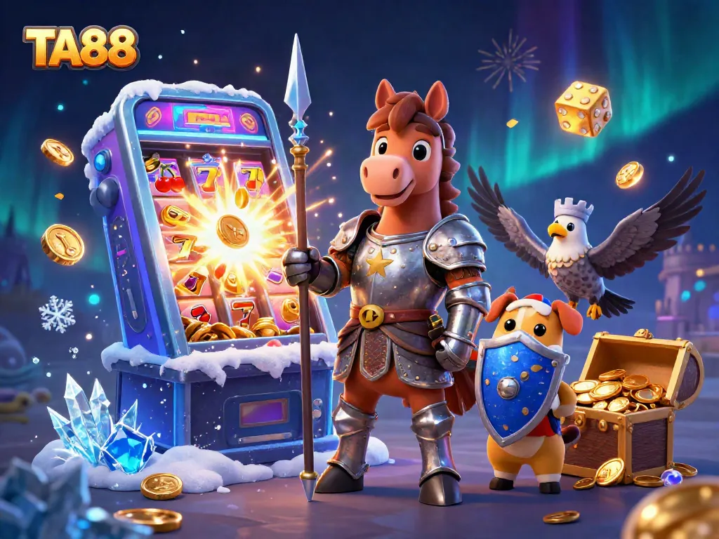 Experience TA88 excitement with a knight, puppy, and falcon amidst casino treasures.