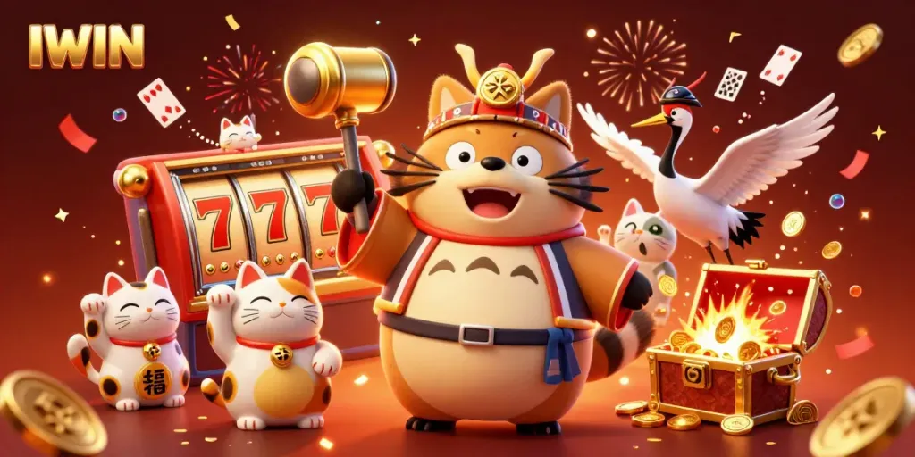 Experience the excitement of IWIN with colorful characters and dynamic casino action in this vibrant illustration.