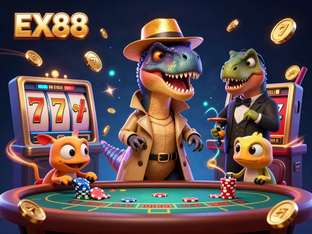 Experience the excitement at EX88's blackjack table with cartoon dinosaurs in a vibrant scene.