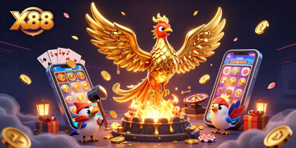 Engage with the X88 experience showcasing a golden phoenix amidst vibrant casino elements.