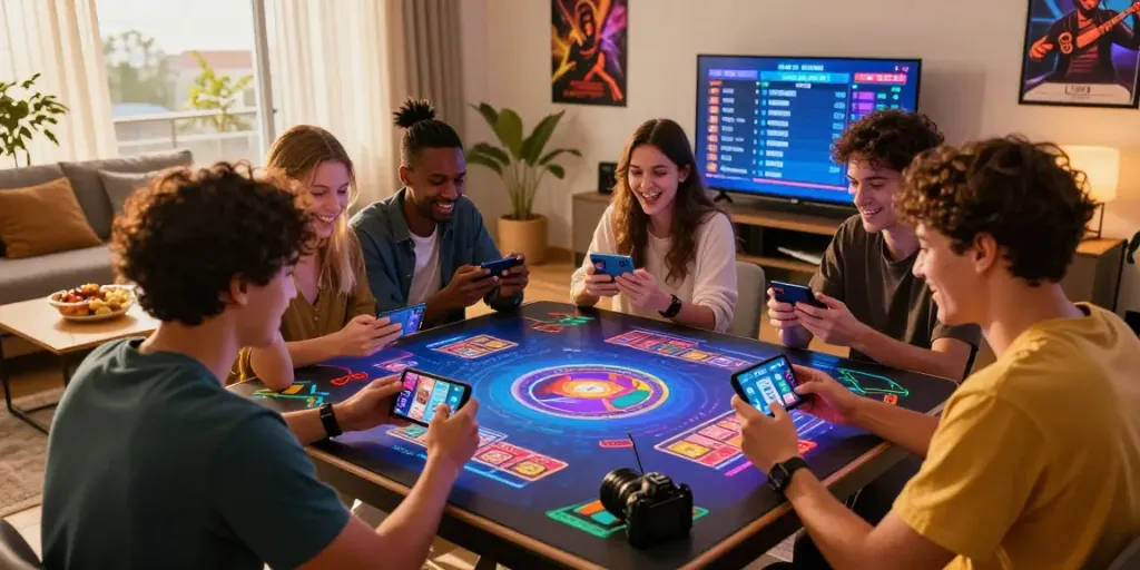 Engaged friends enjoying the exciting card game 3 Patti no1 on their smartphones in a lively living room.