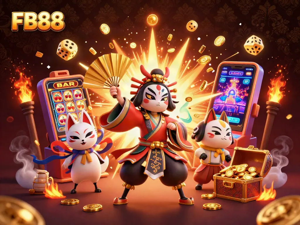 Spin wins at FB88's thrilling casino with vibrant characters and glowing jackpot treasures.